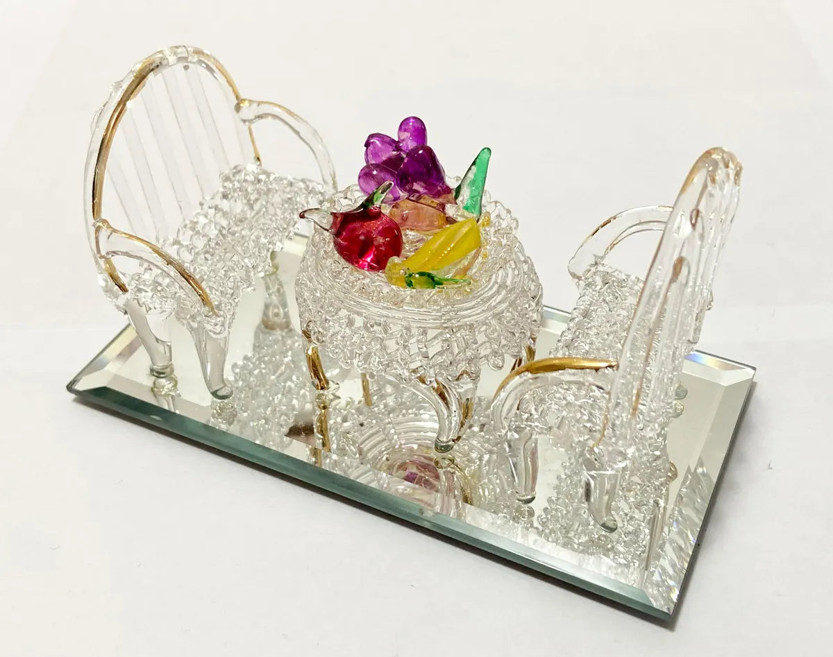 Miniatura Arte Em Vidro Conjunto Mesa, Cadeiras E Frutas