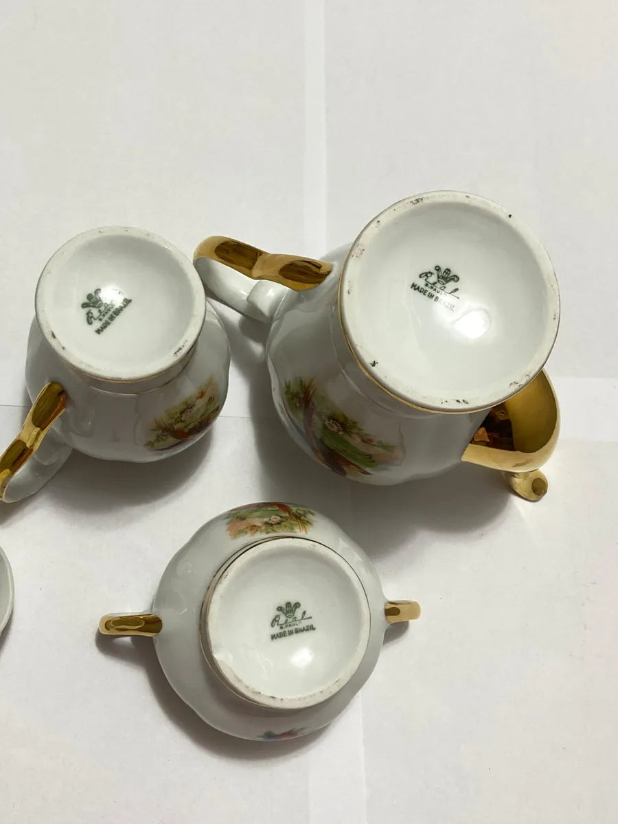 Antigo Jogo Porcelana Real Com Dourado - 3 Peças