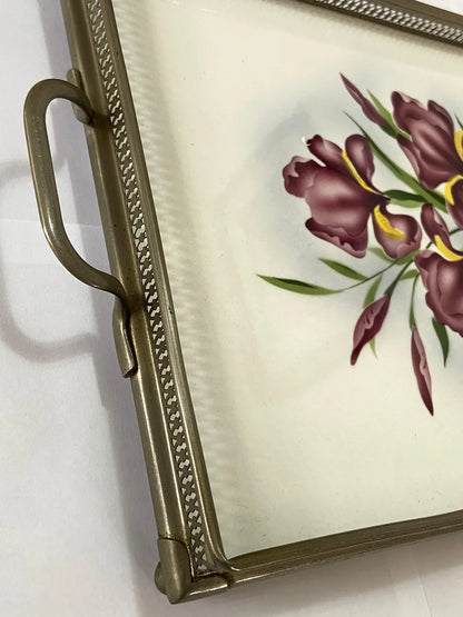 Antiga Bandeja Em Faiança Europeia Decorada À Mão Com Flores