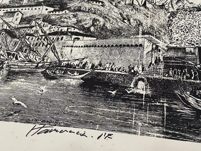 Gravura Antiga Porto Colonial Com Embarcações Assinada