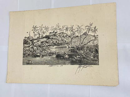 Gravura Antiga Porto Colonial Com Embarcações Assinada