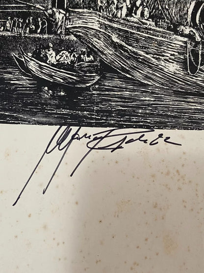 Gravura Antiga Porto Colonial Com Embarcações Assinada