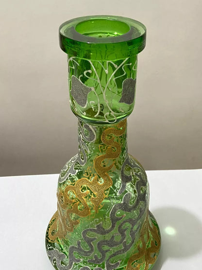 Vaso Antigo Narguilé Vidro Verde Detalhes Dourados Prateados