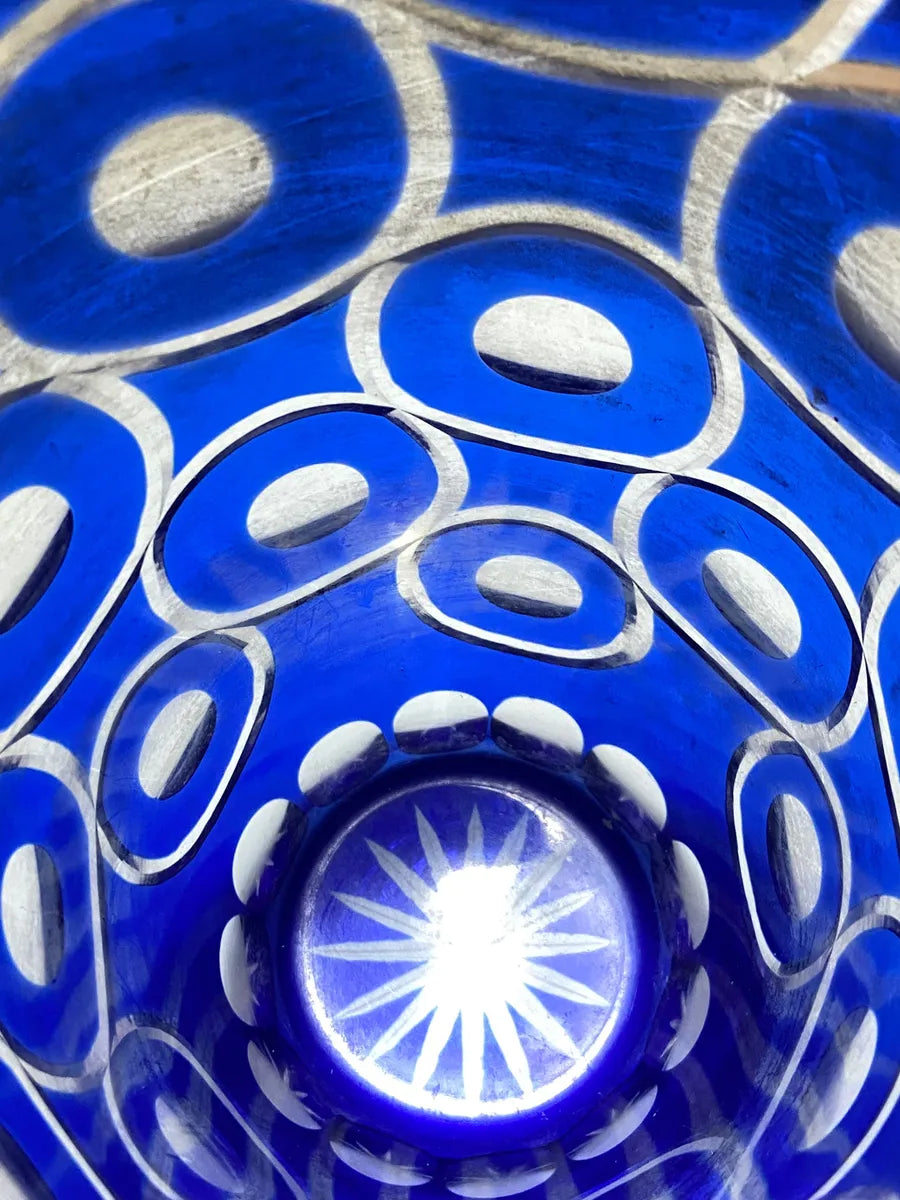 Vaso De Cristal Azul Cobalto Lapidado Boêmia