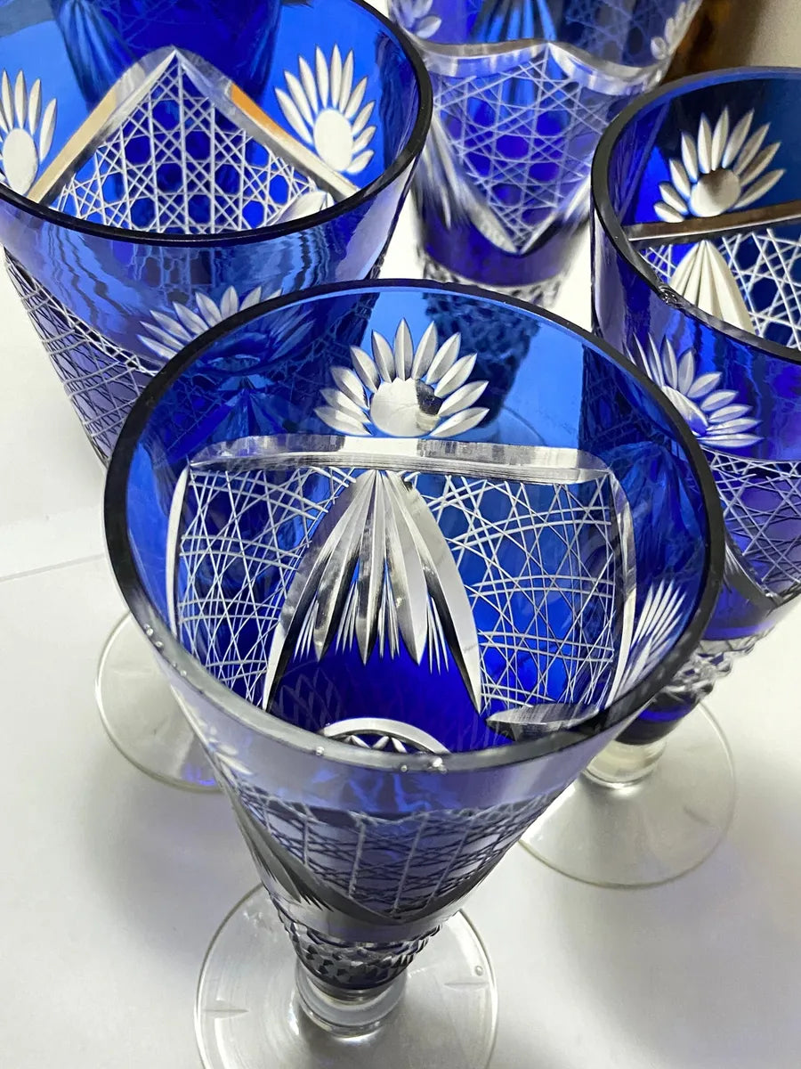 Conjunto Antigo Cristal Azul Lapidado Jarra + 5 Copos