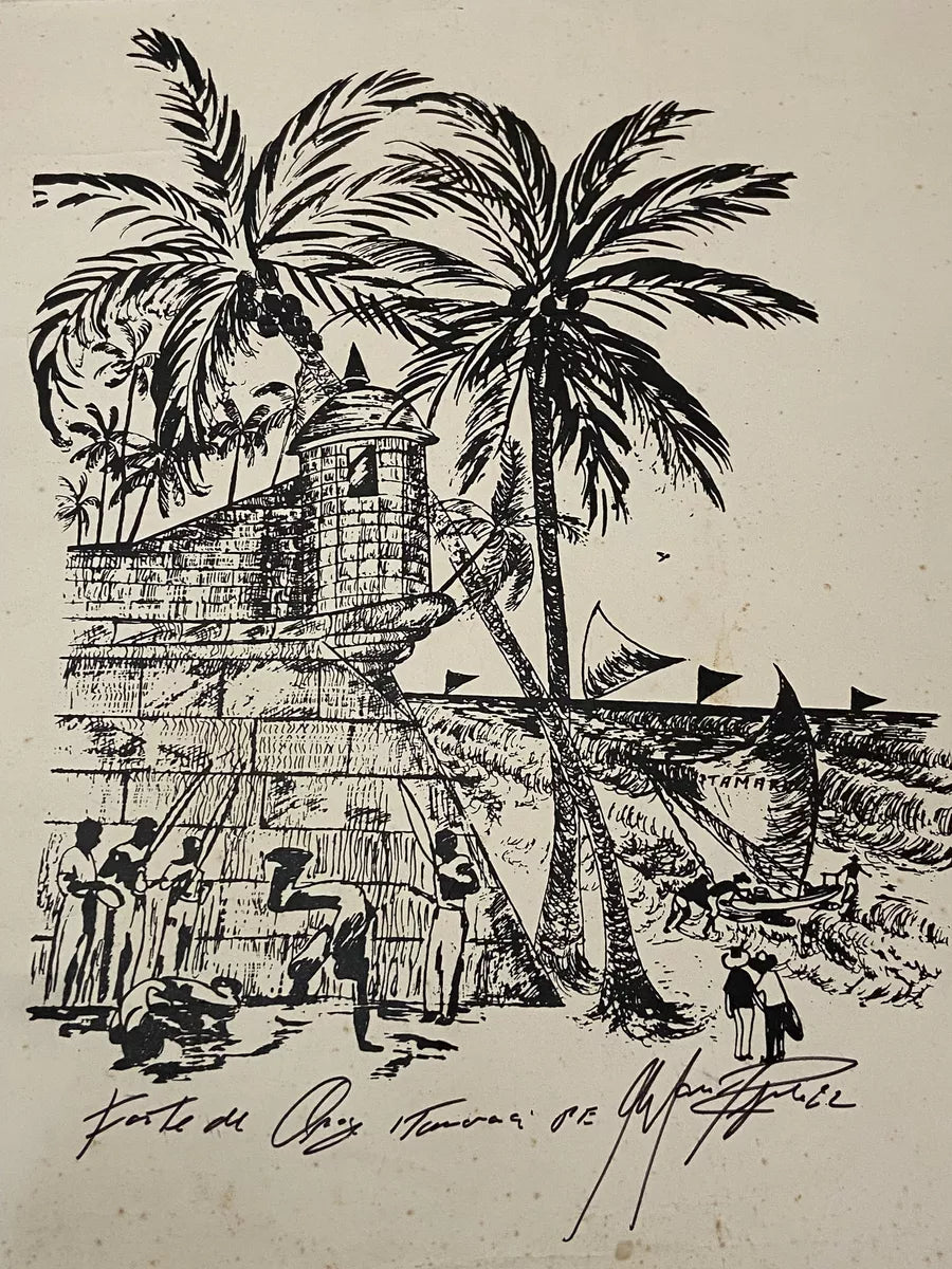 Gravura Antiga Paisagem Com Forte E Coqueiros Assinada