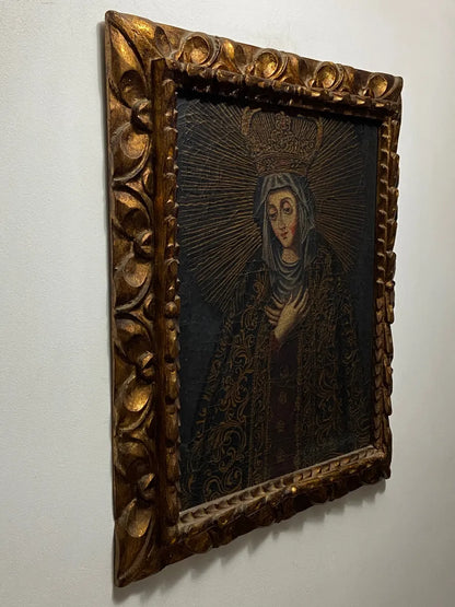 Quadro Antigo Cusquenho Nossa Senhora Moldura Dourada