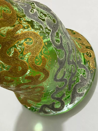 Vaso Antigo Narguilé Vidro Verde Detalhes Dourados Prateados