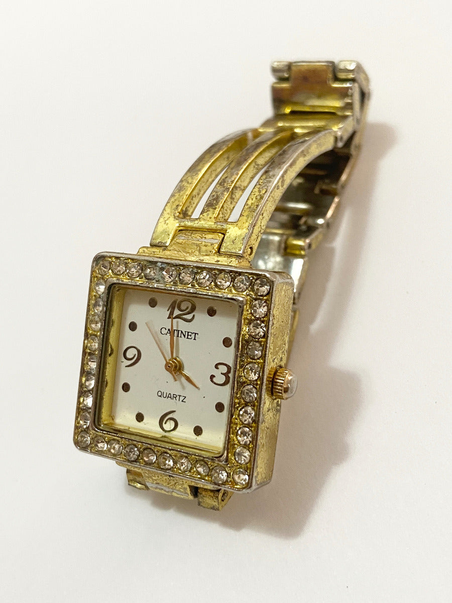 Relógio Antigo Catinet Quartz Com Pedras Quadrado Dourado