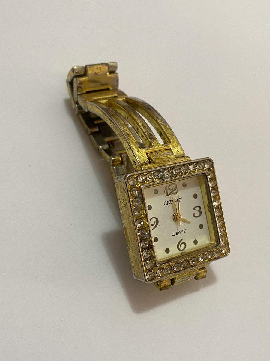 Relógio Antigo Catinet Quartz Com Pedras Quadrado Dourado