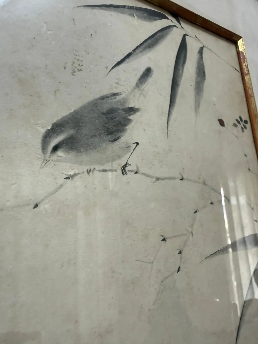 Quadro Antigo Pintura Oriental Em Nanquim - Pássaro E Bambu