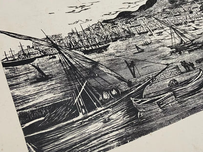 Gravura Antiga Barcos Porto Aos Pés Da Montanha Assinada