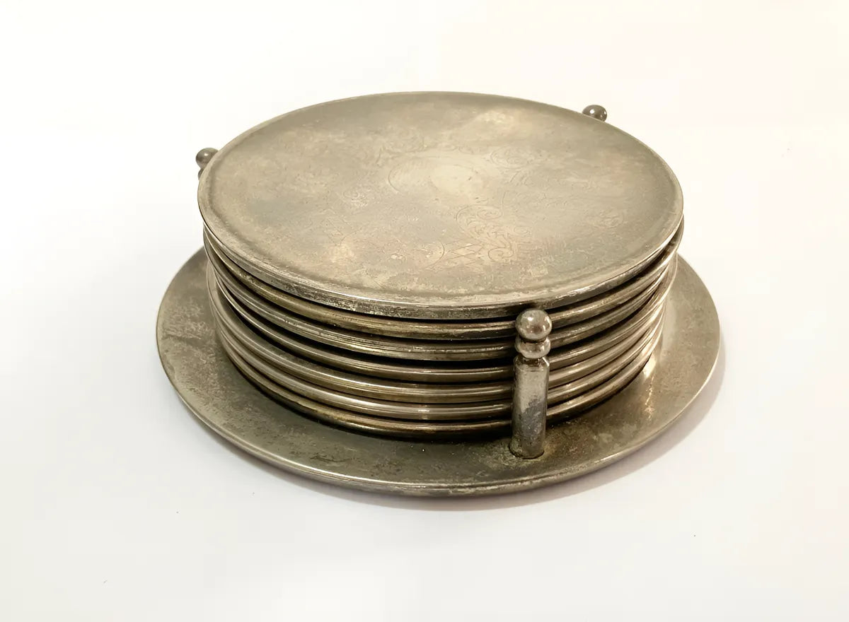 Conjunto Antigo De Porta Copos Em Metal Espessurado a Prata
