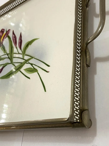 Antiga Bandeja Em Faiança Europeia Decorada À Mão Com Flores