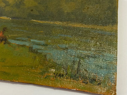 Pintura Antiga Paisagem Com Pescadores - Óleo Sobre Tela