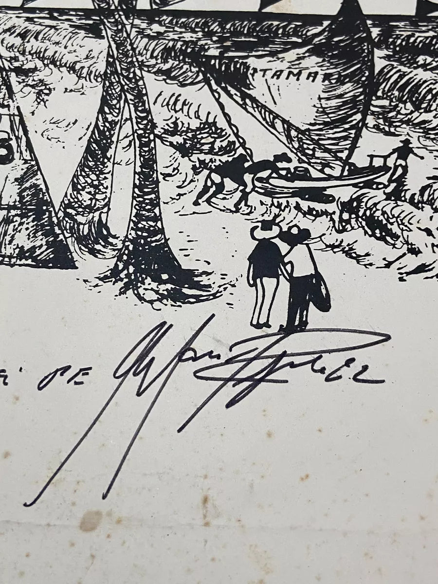 Gravura Antiga Paisagem Com Forte E Coqueiros Assinada