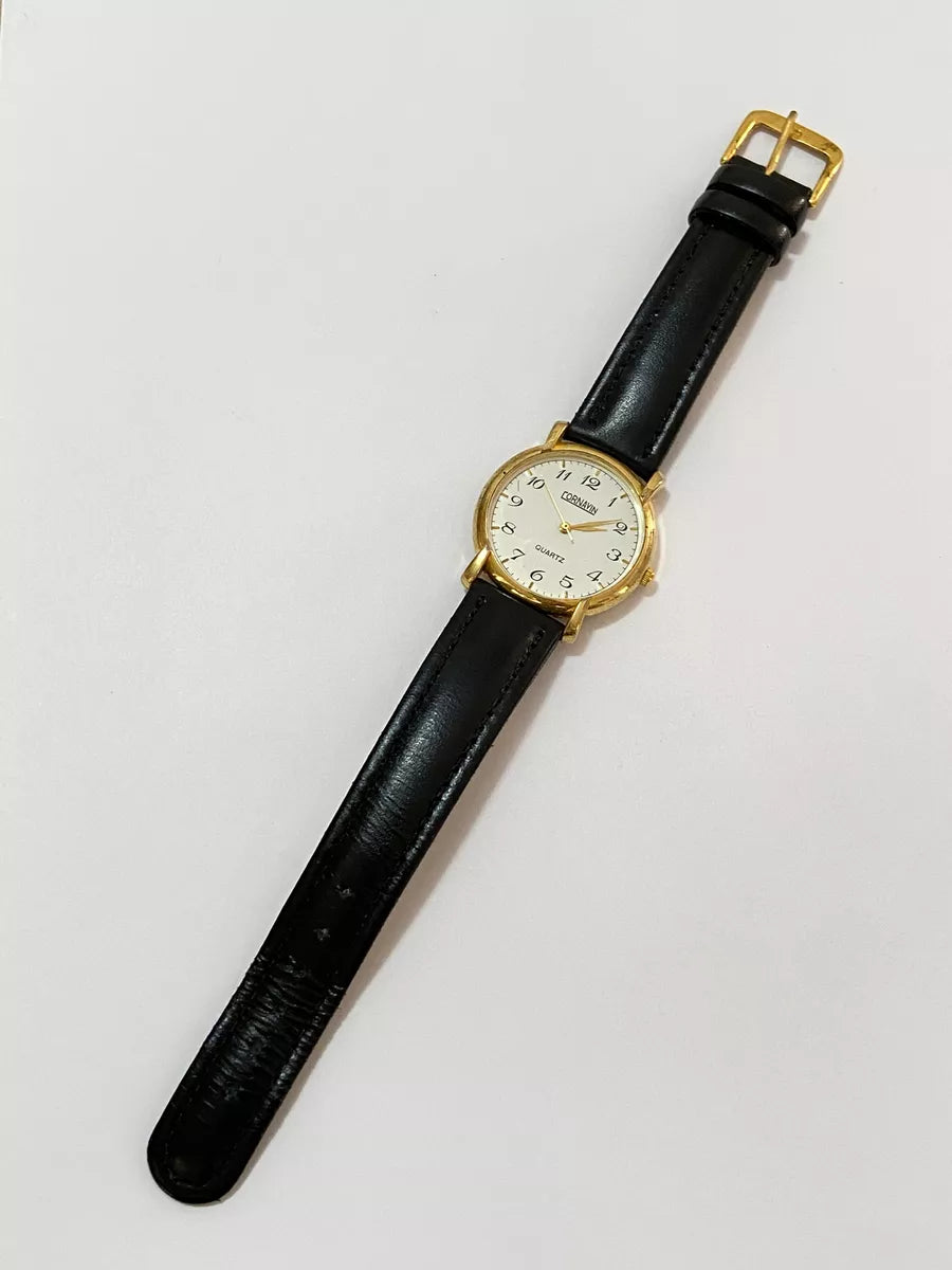 Relógio Antigo Cornavin Quartz Dourado Pulseira Couro Preta Dourado