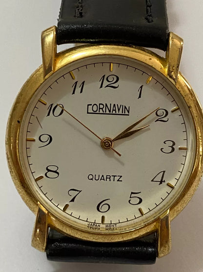 Relógio Antigo Cornavin Quartz Dourado Pulseira Couro Preta Dourado