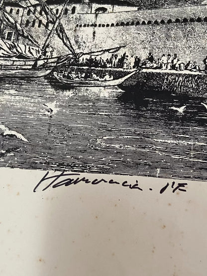 Gravura Antiga Porto Colonial Com Embarcações Assinada
