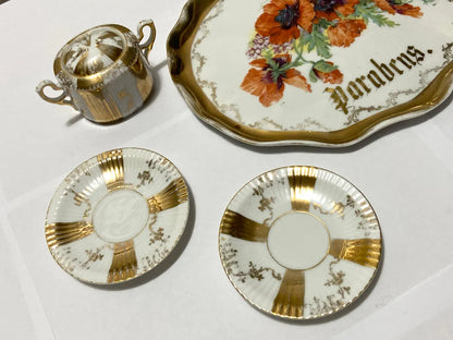 Jogo De Chá Antigo Porcelana Dourada Parabéns