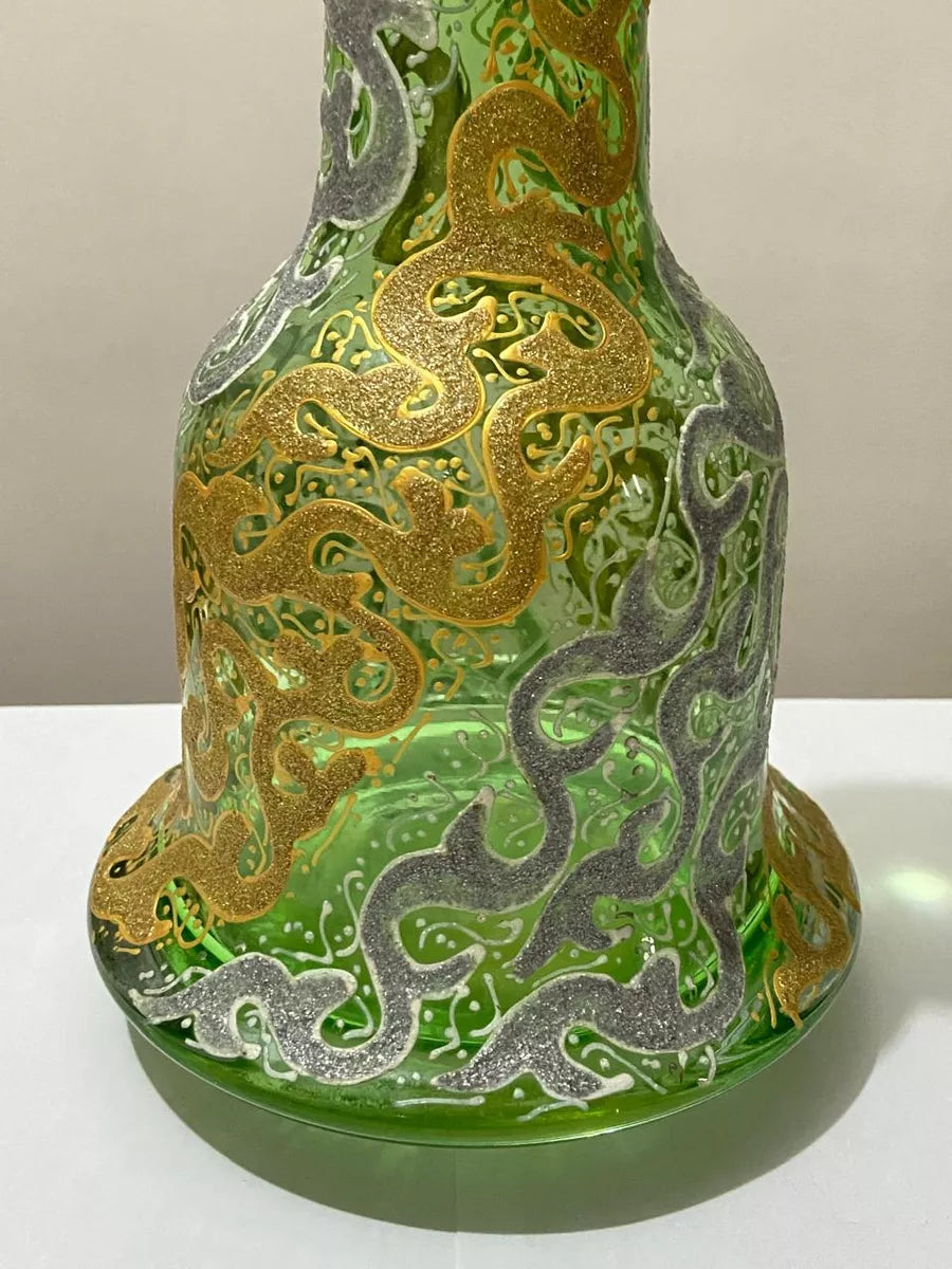 Vaso Antigo Narguilé Vidro Verde Detalhes Dourados Prateados
