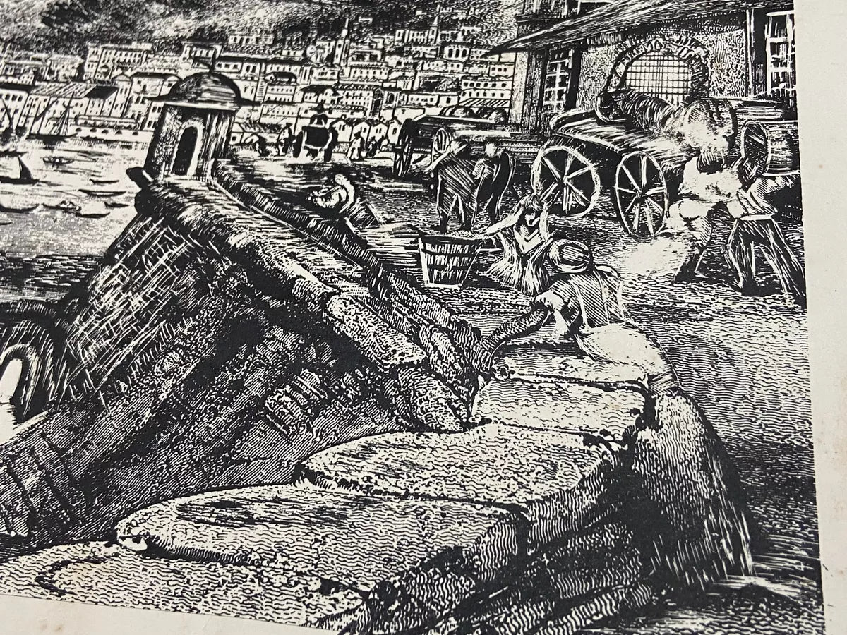 Gravura Antiga Barcos Porto Aos Pés Da Montanha Assinada