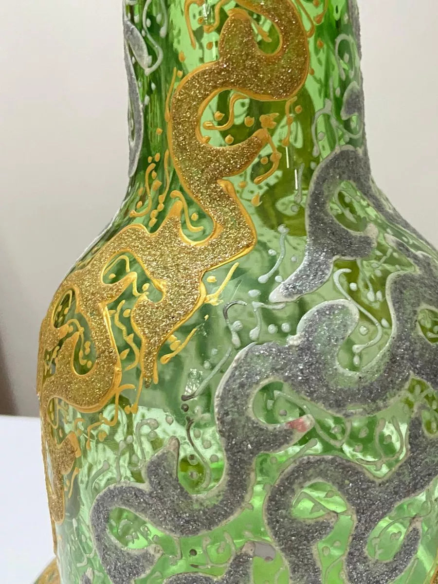 Vaso Antigo Narguilé Vidro Verde Detalhes Dourados Prateados