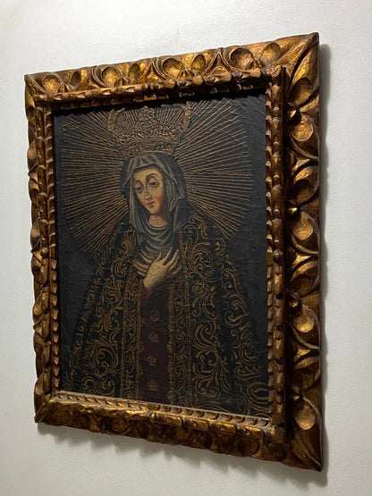Quadro Antigo Cusquenho Nossa Senhora Moldura Dourada