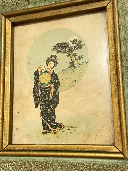 Quadros Japoneses Antigos Gueixas - Par Colorido Verde