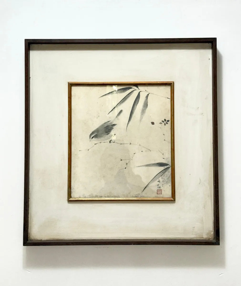 Quadro Antigo Pintura Oriental Em Nanquim - Pássaro E Bambu