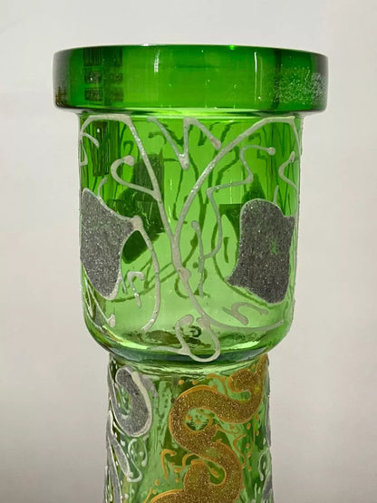 Vaso Antigo Narguilé Vidro Verde Detalhes Dourados Prateados