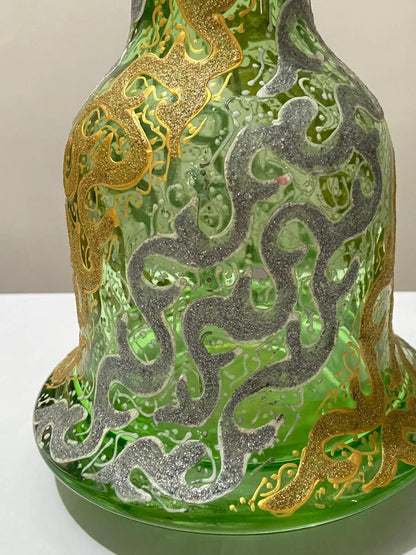 Vaso Antigo Narguilé Vidro Verde Detalhes Dourados Prateados