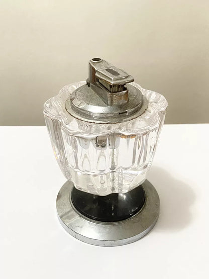 Isqueiro De Mesa Antigo Em Vidro E Metal