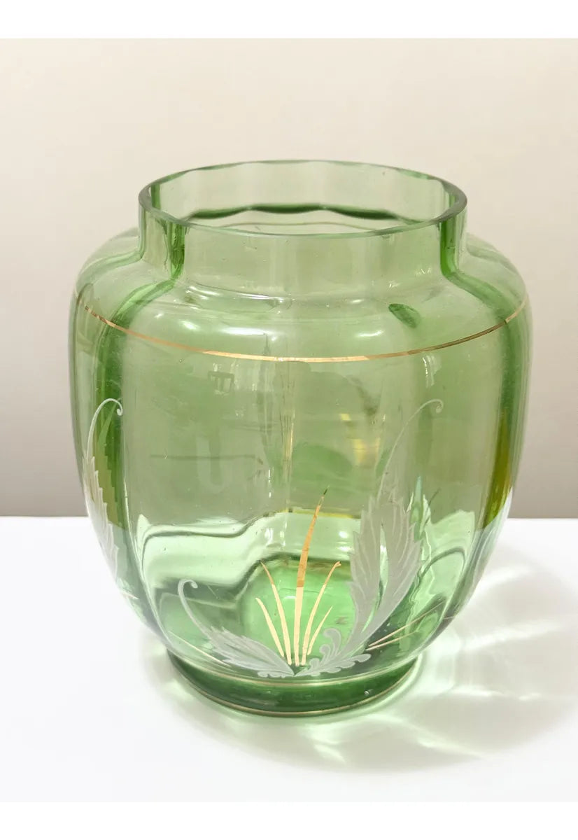 Vaso Antigo Em Vidro Verde Com Detalhes Dourados Verde