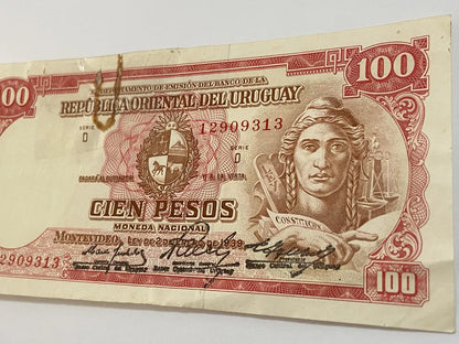 Cédula Antiga Uruguai 100 Pesos 1939