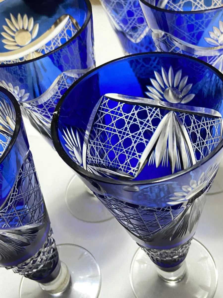Conjunto Antigo Cristal Azul Lapidado Jarra + 5 Copos