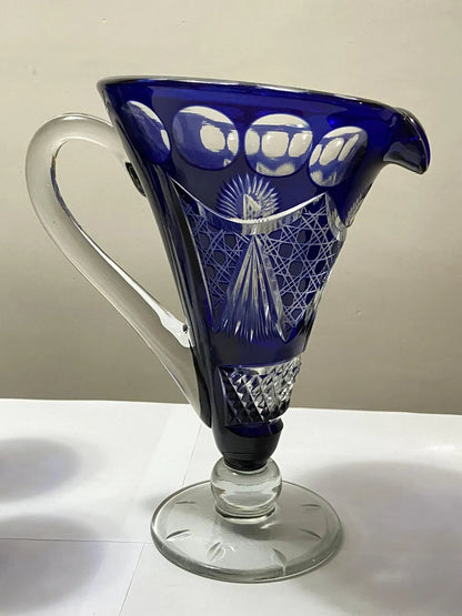 Conjunto Antigo Cristal Azul Lapidado Jarra + 5 Copos