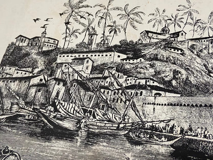 Gravura Antiga Porto Colonial Com Embarcações Assinada