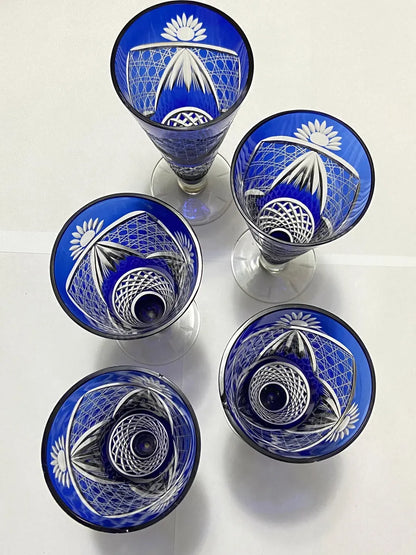 Conjunto Antigo Cristal Azul Lapidado Jarra + 5 Copos