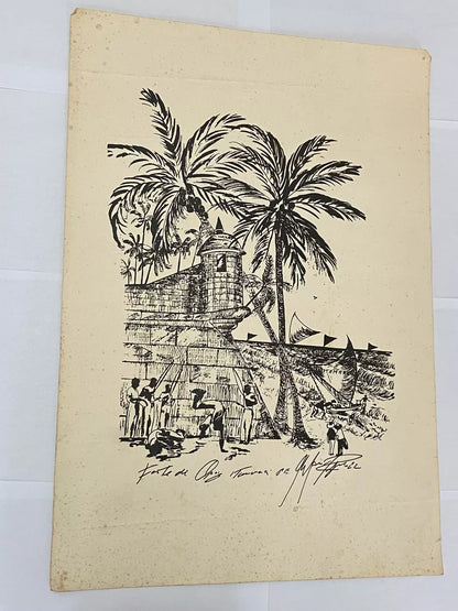 Gravura Antiga Paisagem Com Forte E Coqueiros Assinada