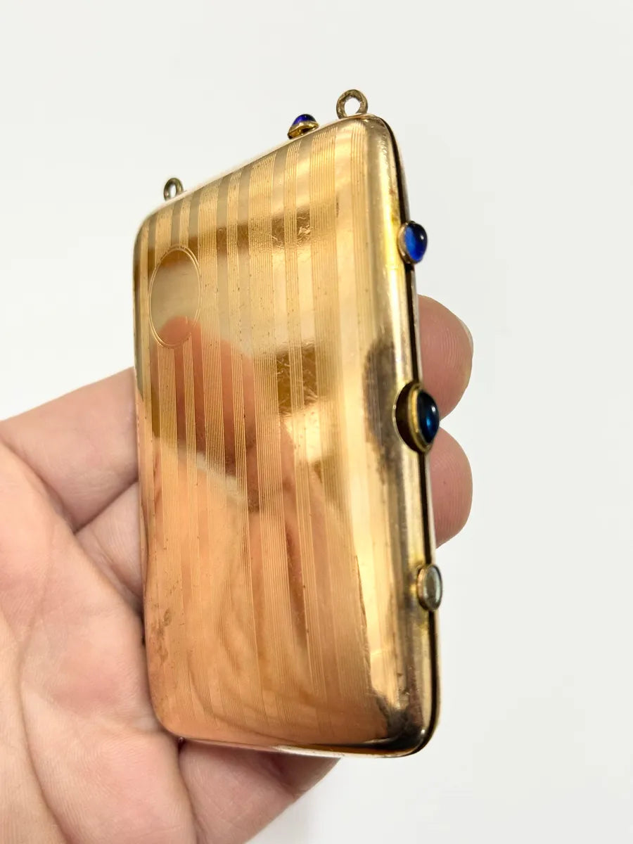 Estojo Porta Cartões Antigo W&H Co Banhado A Ouro Com Pedras