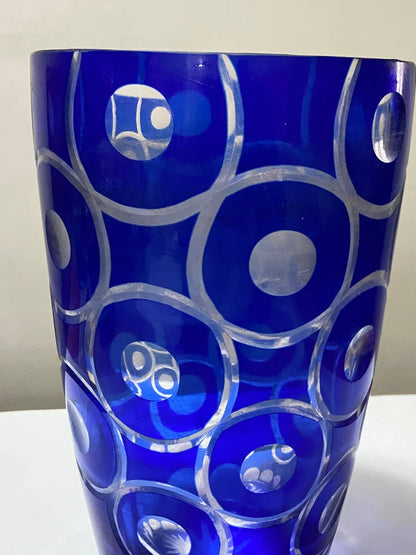 Vaso De Cristal Azul Cobalto Lapidado Boêmia