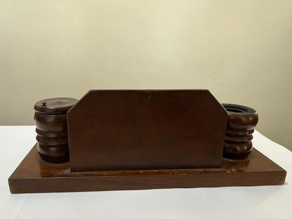 Tinteiro Antigo Em Madeira Marchetaria Completo Com Caneta