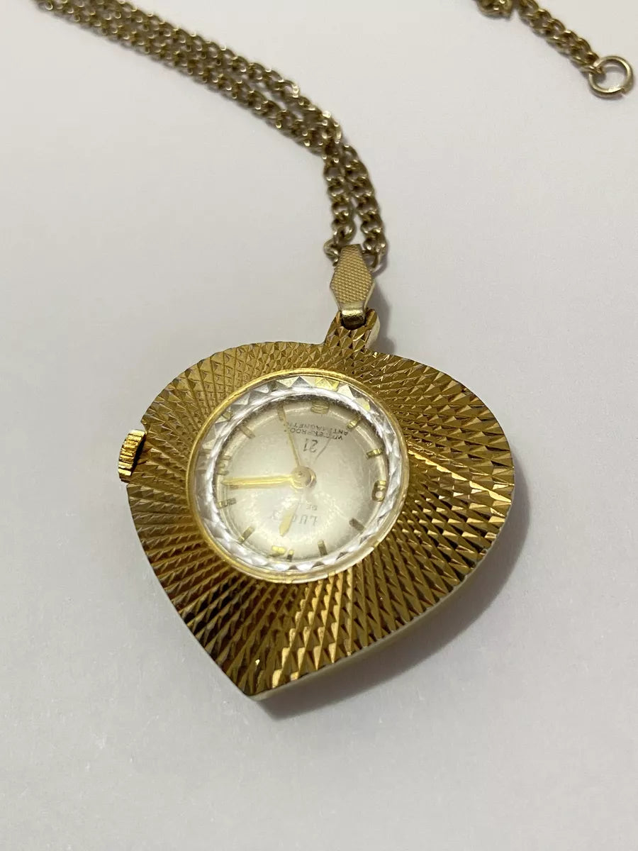Relógio Antigo Raro Colar Coração Suiço Lucky De Luxe Dourado