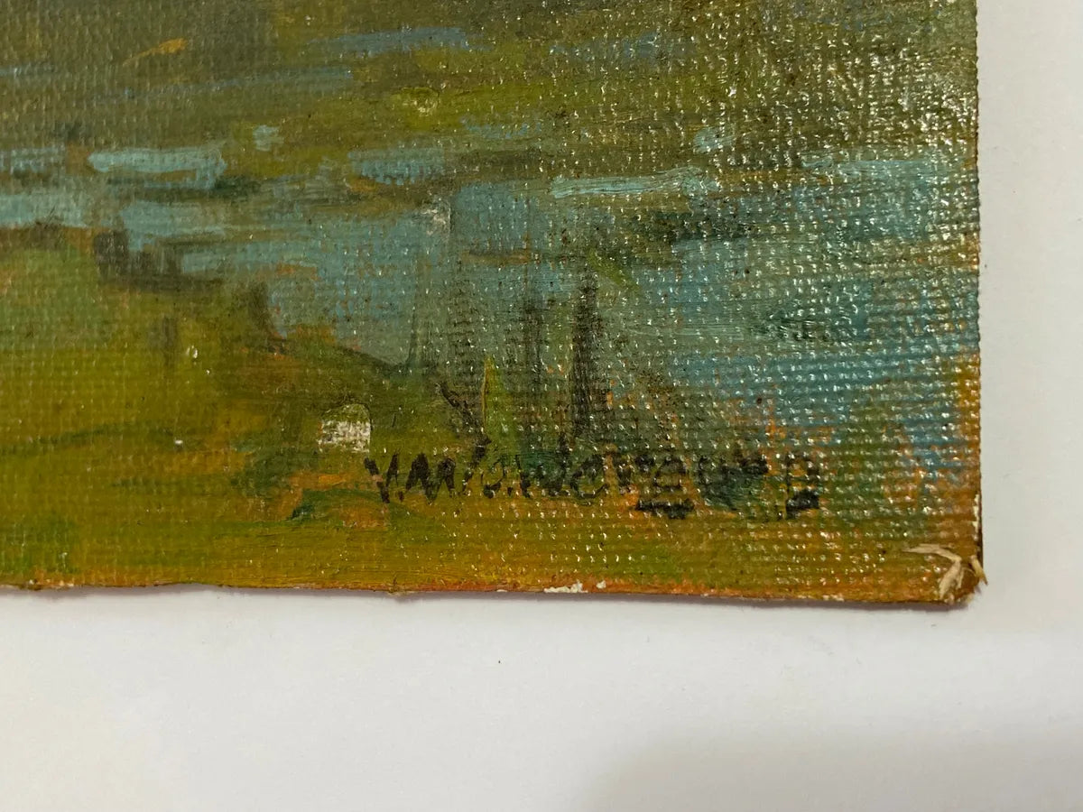 Pintura Antiga Paisagem Com Pescadores - Óleo Sobre Tela