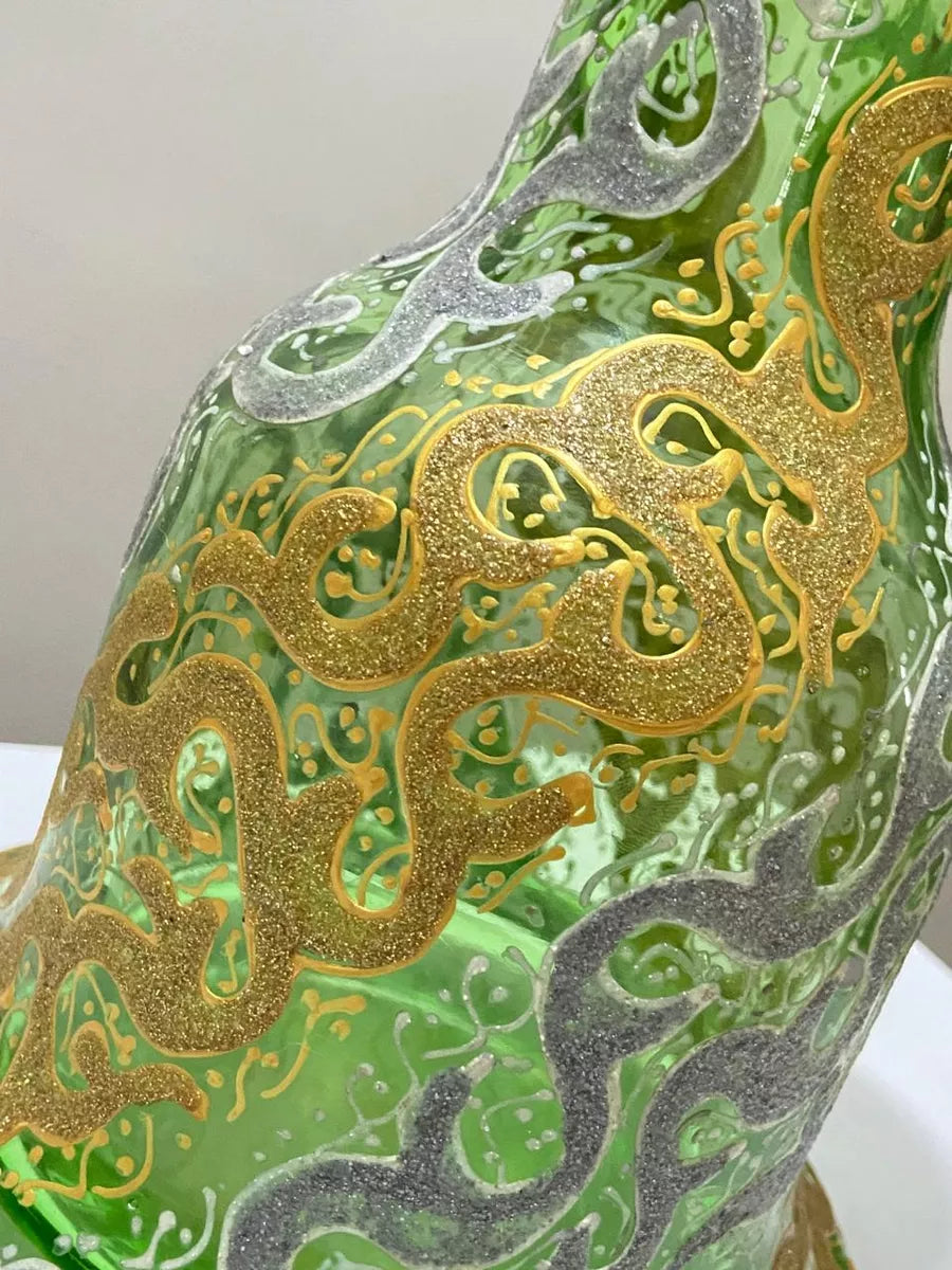 Vaso Antigo Narguilé Vidro Verde Detalhes Dourados Prateados