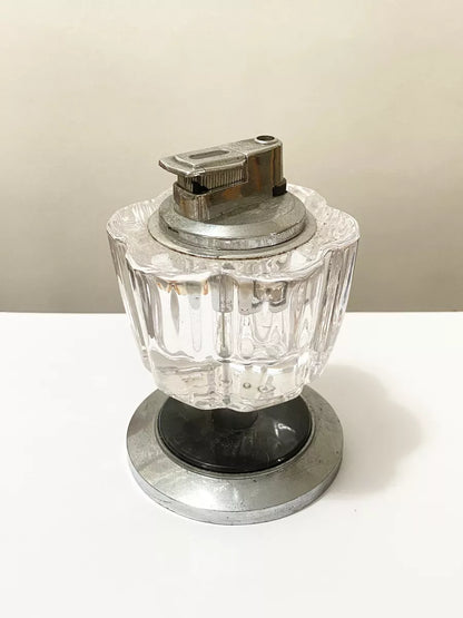 Isqueiro De Mesa Antigo Em Vidro E Metal