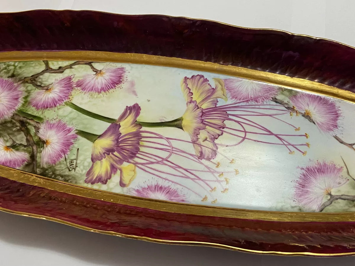 Travessa De Porcelana Antiga Florida Pintada À Mão Assinada