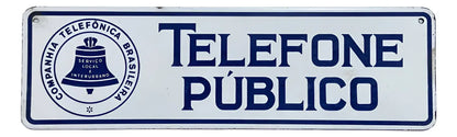 Placa Antiga Telefone Público Cia Telefônica Brasileira Branco