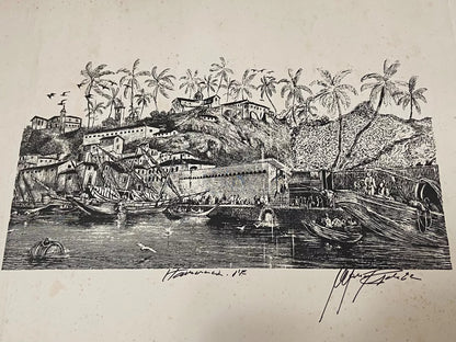 Gravura Antiga Porto Colonial Com Embarcações Assinada